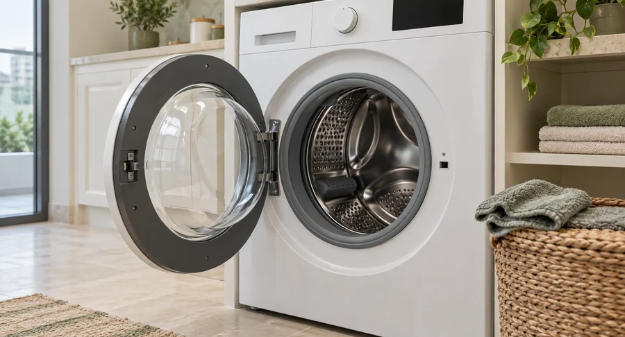 Clean washing machine open door in bright laundry room after washing machine cleaning service