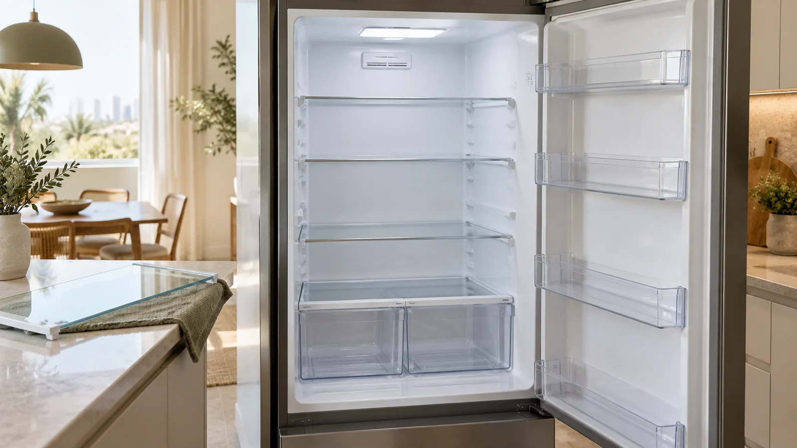 Clean empty refrigerator shelves and drawers open after professional fridge cleaning service