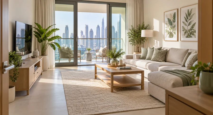 Clean living room with sofa and city view after apartment deep cleaning service
