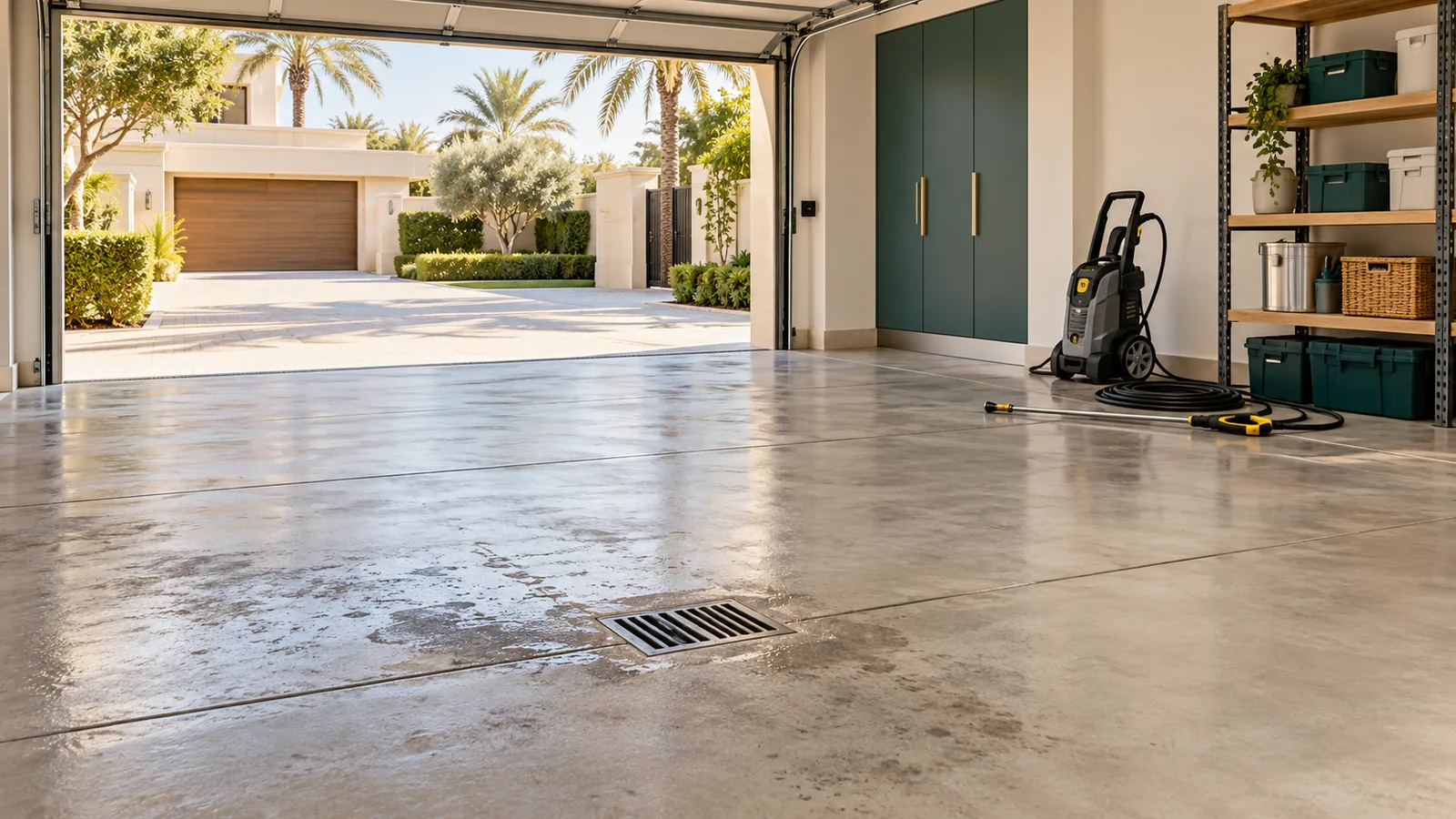 Clean garage floor and pressure washer during garage deep cleaning service