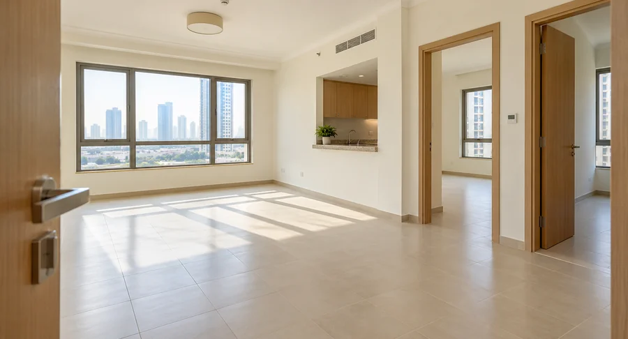 Empty spacious apartment room with tiled floor after move out cleaning service