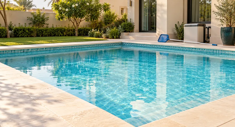 Clean outdoor swimming pool with skimmer net during pool cleaning service