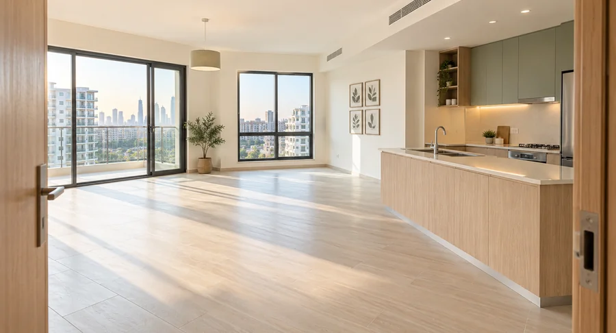 Empty modern kitchen and living area after post construction cleaning service