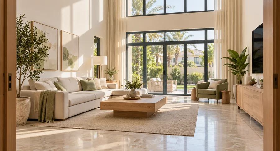 Spacious villa living room with sectional sofa after deep cleaning service