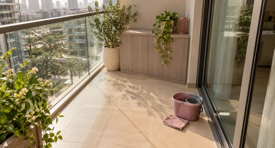 Mop bucket on clean tiled apartment balcony after professional balcony cleaning
