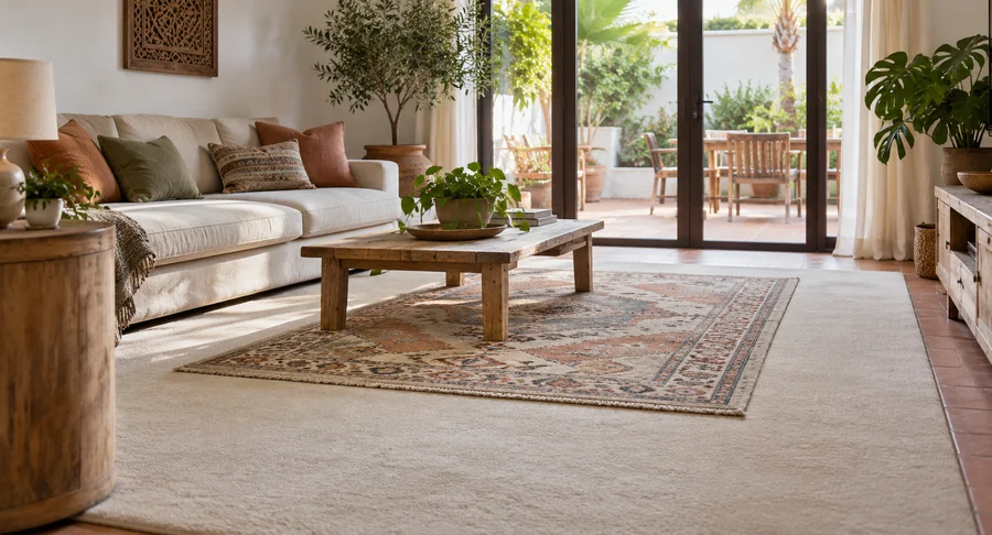 Clean living room with patterned area rug after professional carpet cleaning