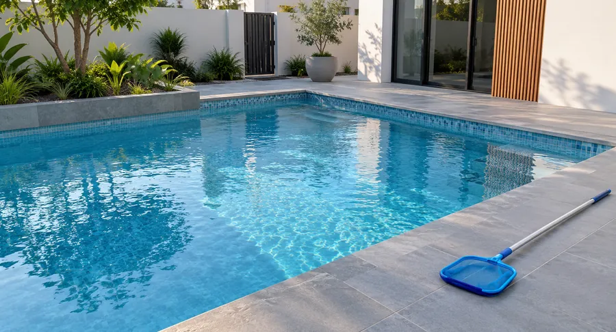 Clean outdoor swimming pool with skimmer net after professional pool cleaning