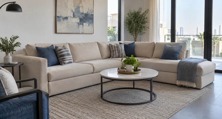 Clean beige sectional sofa with blue accent pillows after sofa cleaning service