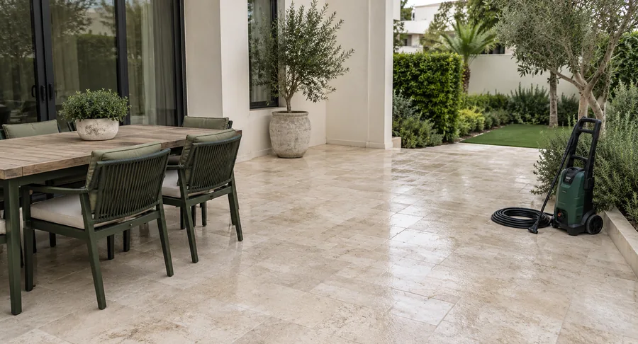 Pressure washer on clean outdoor patio tile with garden furniture after terrace cleaning