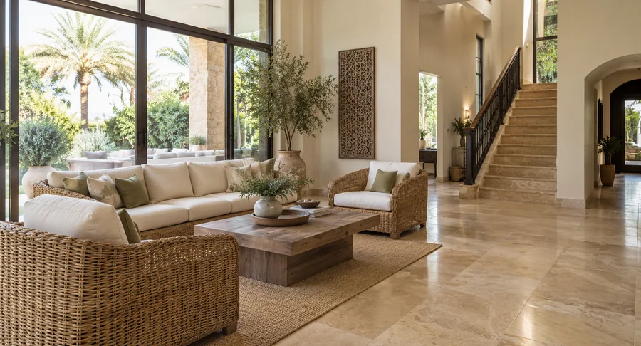 Clean villa living room with outdoor rattan furniture after garden furniture cleaning