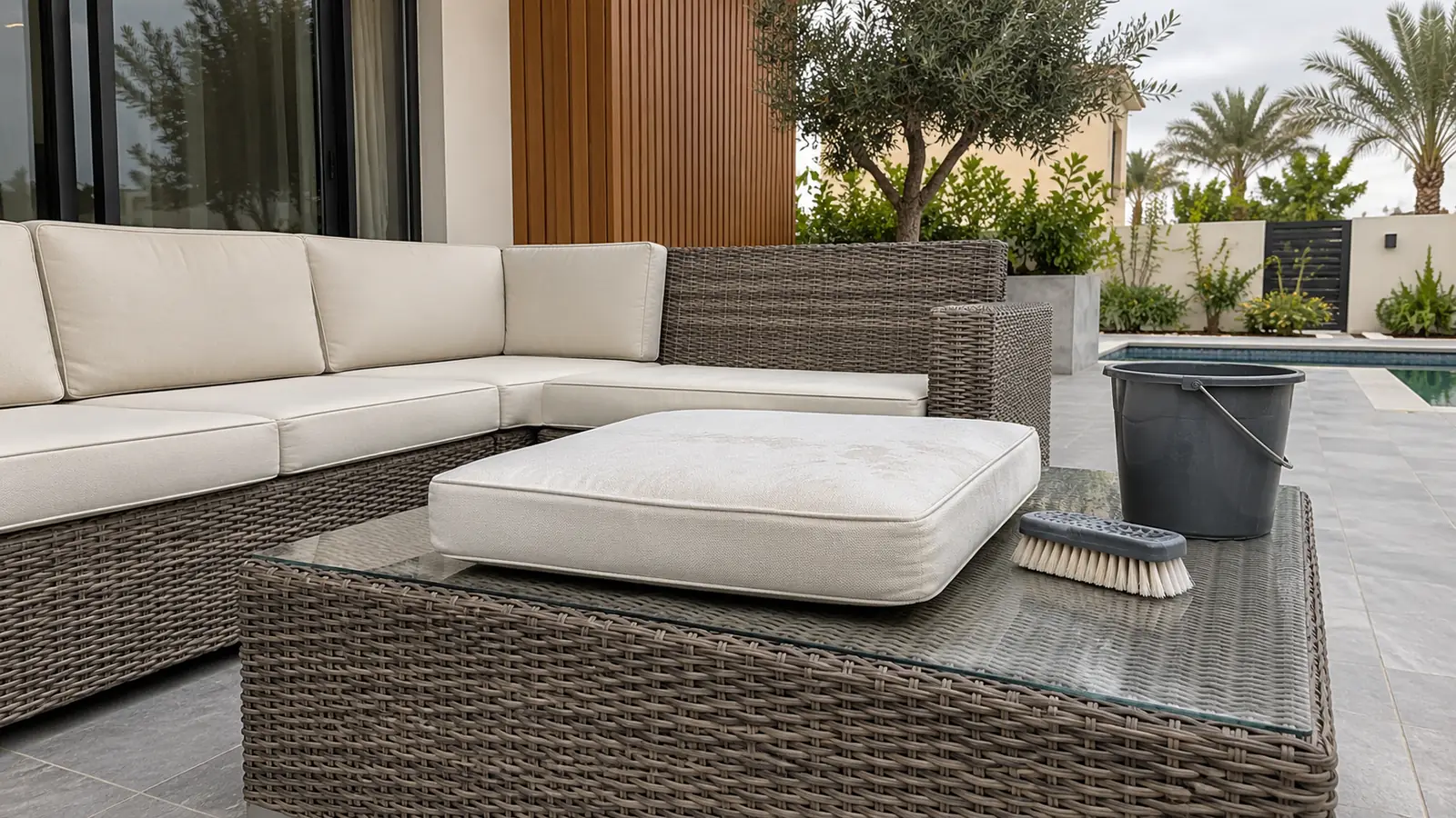 Scrub brush and cleaning bucket on outdoor rattan table during garden furniture cleaning