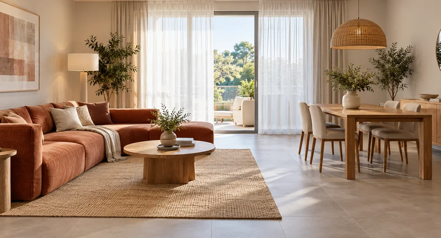 Clean apartment living room with orange sofa after deep cleaning