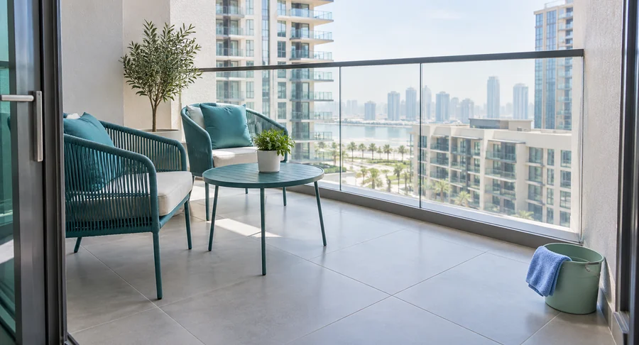 Clean high rise apartment balcony after holiday home cleaning