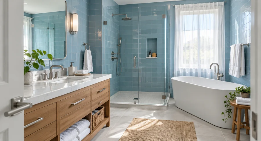 Clean bathroom with blue tiles bathtub and shower after deep cleaning