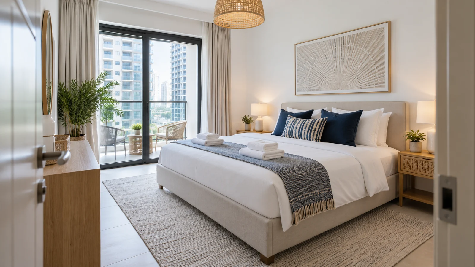 Clean holiday home bedroom with neatly made bed after professional cleaning