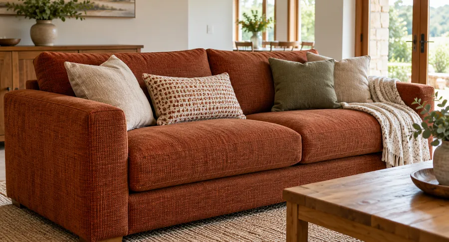 Clean orange fabric sofa with pillows after professional sofa cleaning