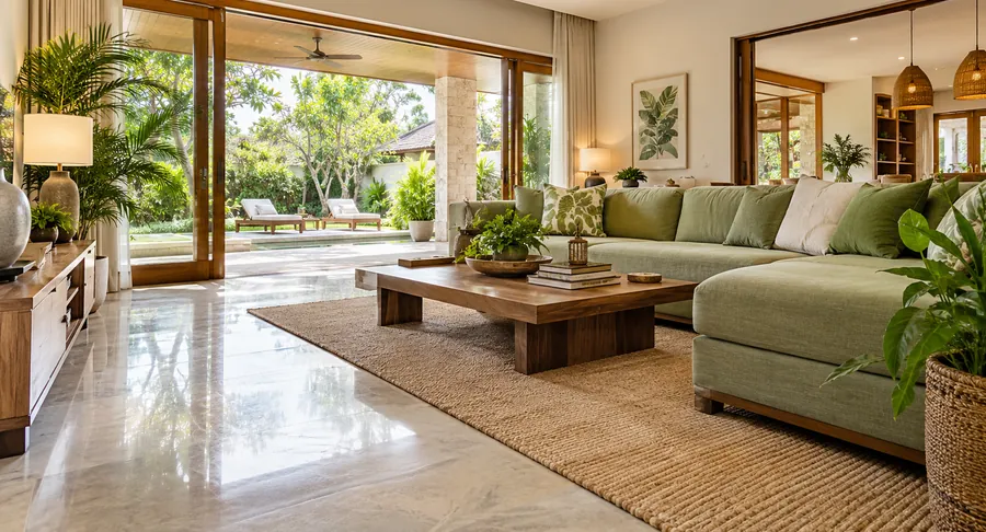 Clean home interior with polished tile floors in a villa living room