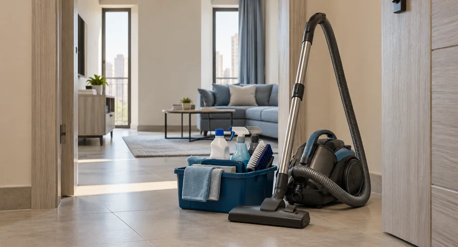 Vacuum cleaner and caddy with supplies prepared for same day housekeeping service