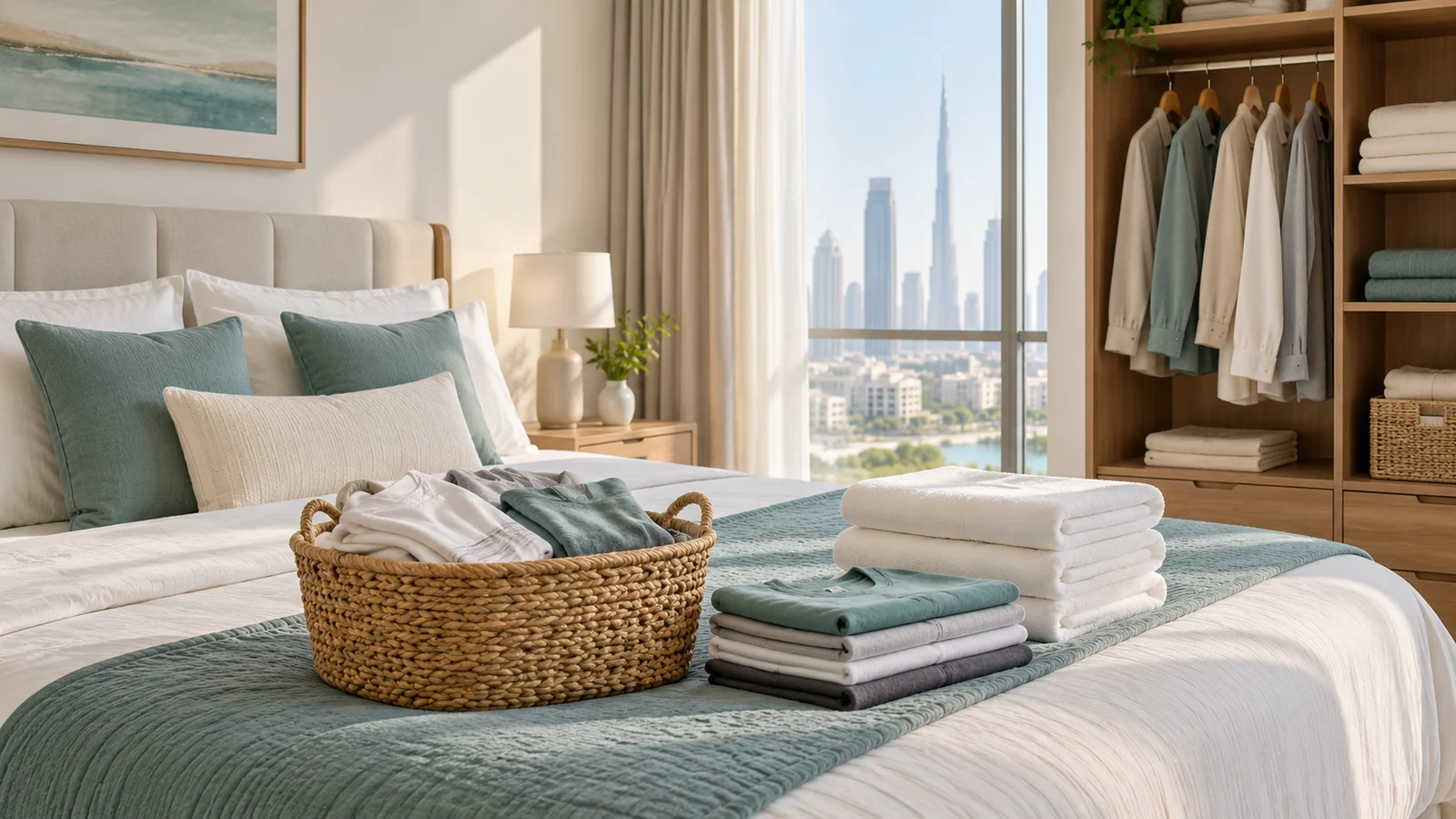 Neatly folded linens and laundry basket on bed during professional housekeeping service