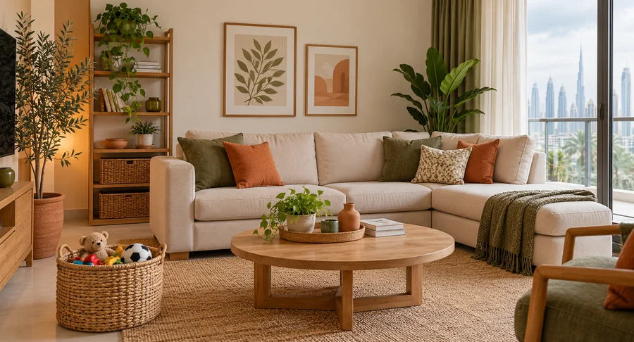 Immaculately organized living room with sectional sofa after professional maid housekeeping service
