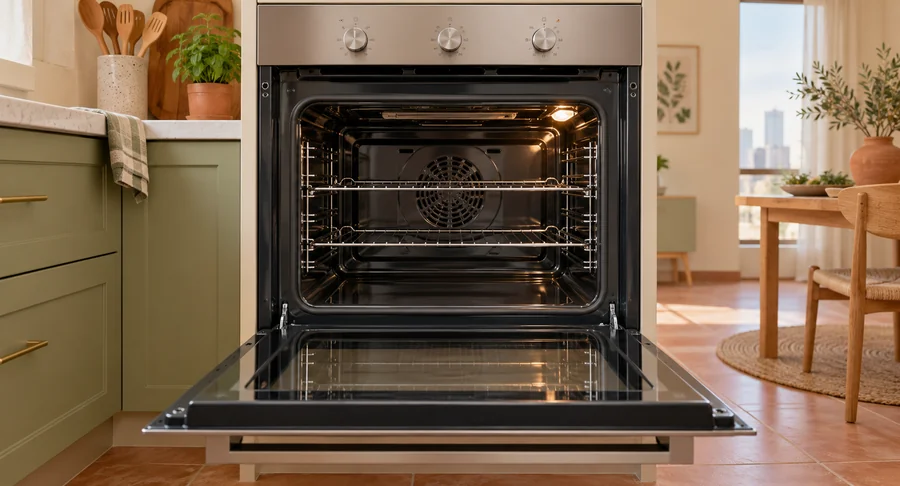 Clean open stainless steel oven inside modern kitchen after oven deep cleaning service