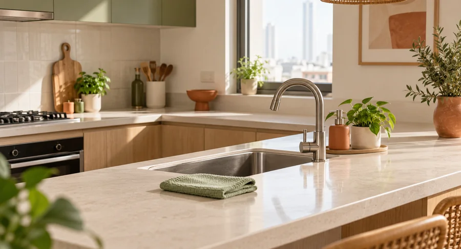 Spotless marble kitchen island and sink after weekly housekeeping cleaning service