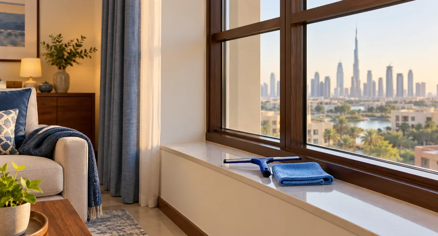 Squeegee and microfiber cloth on window sill during professional window cleaning service
