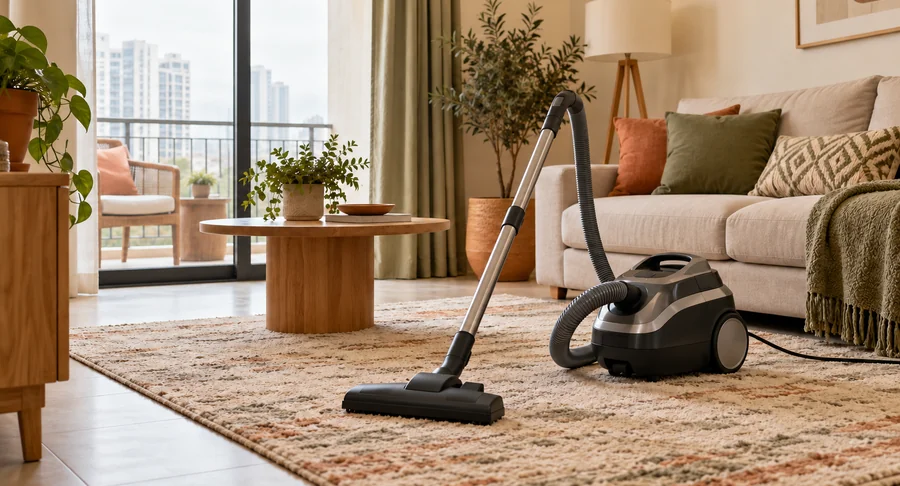 Canister vacuum cleaner on patterned rug in living room during monthly housekeeping service
