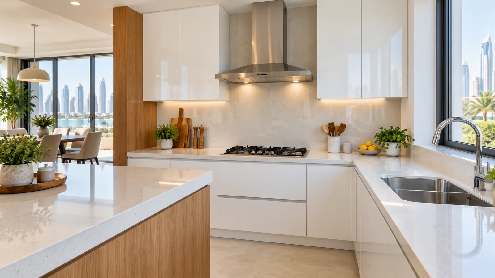 Spotless modern kitchen interior with stainless steel hood after kitchen deep cleaning service