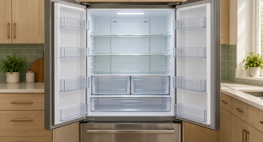 Clean open refrigerator interior in kitchen after professional fridge cleaning service