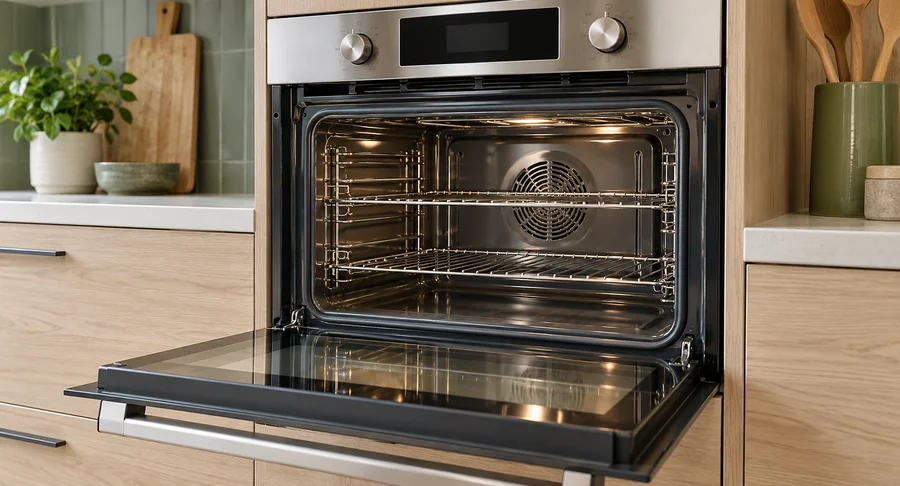 Spotless built-in oven with open door after professional oven cleaning service