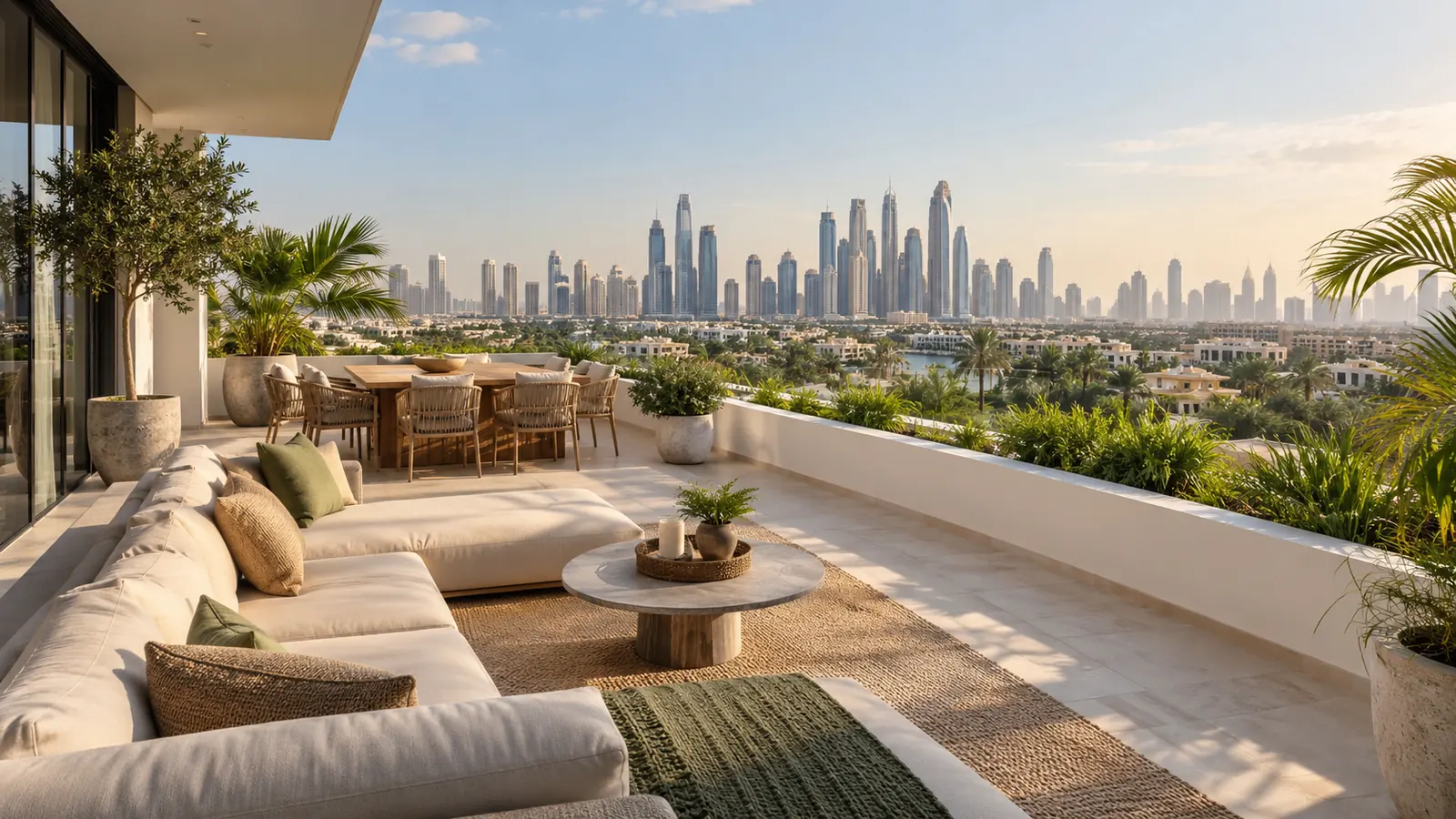 Scenic outdoor terrace overlooking Dubai skyline after professional balcony cleaning service