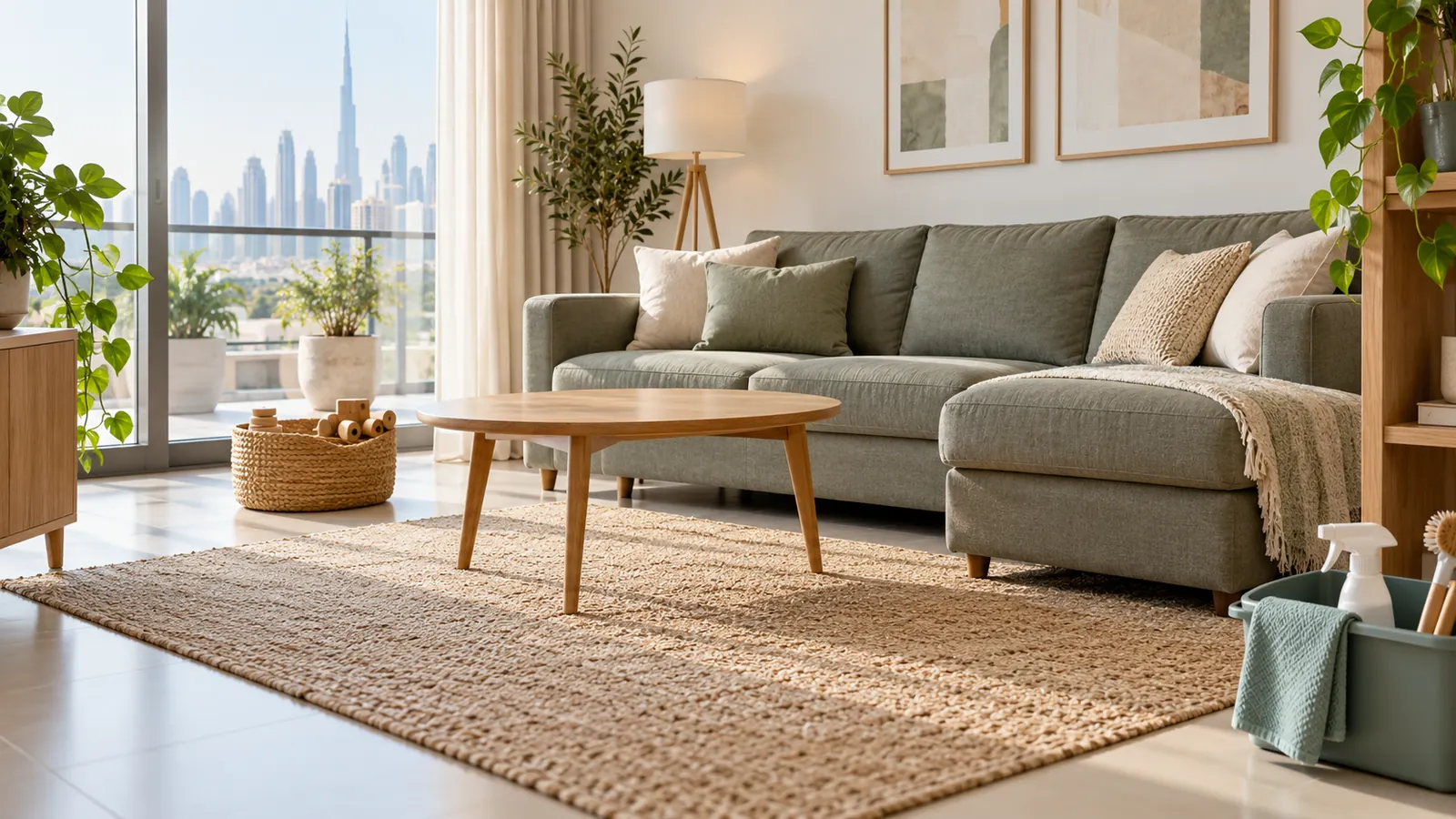 Spotless modern living room with caddy of supplies after professional maid service