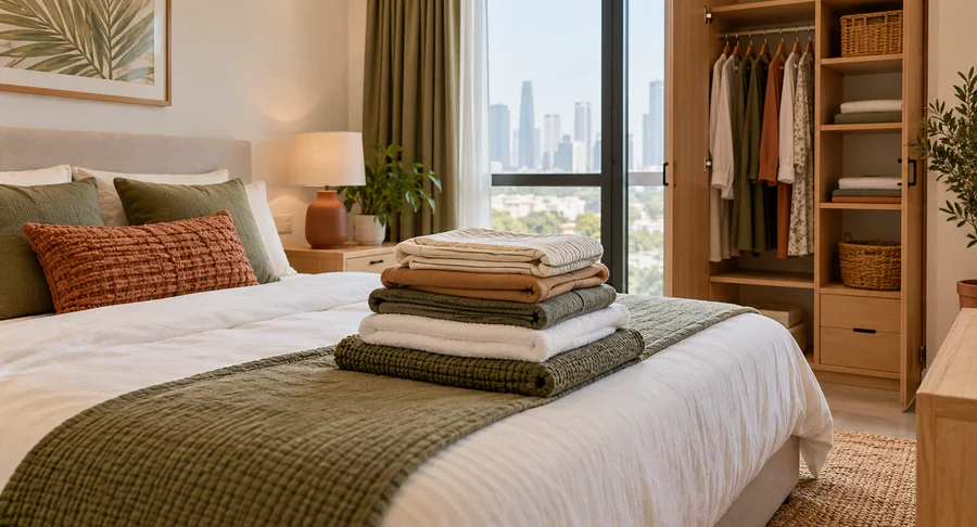 Stack of folded towels on bed in organized modern bedroom during maid housekeeping service