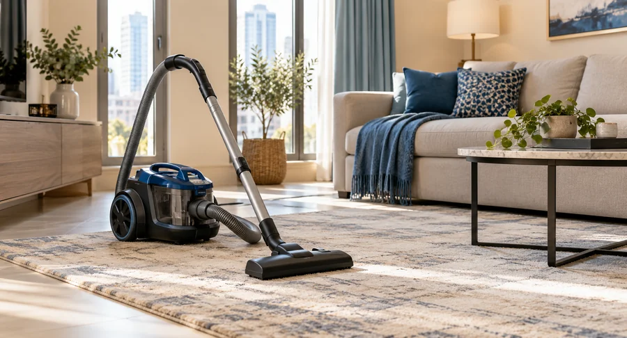 Vacuum cleaner on patterned carpet in living room during monthly maid cleaning service