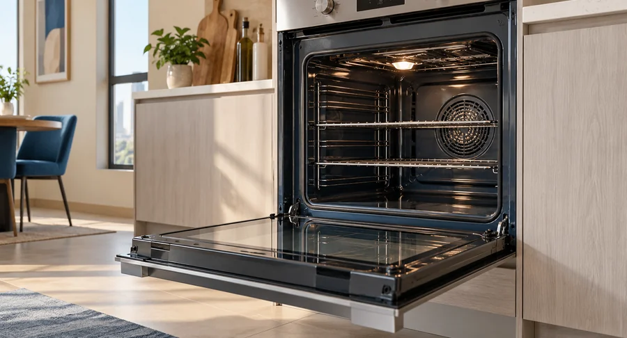 Clean built-in kitchen oven with open door after maid oven cleaning service
