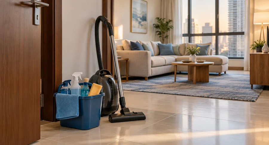 Vacuum cleaner and cleaning bucket with supplies for same day maid cleaning service