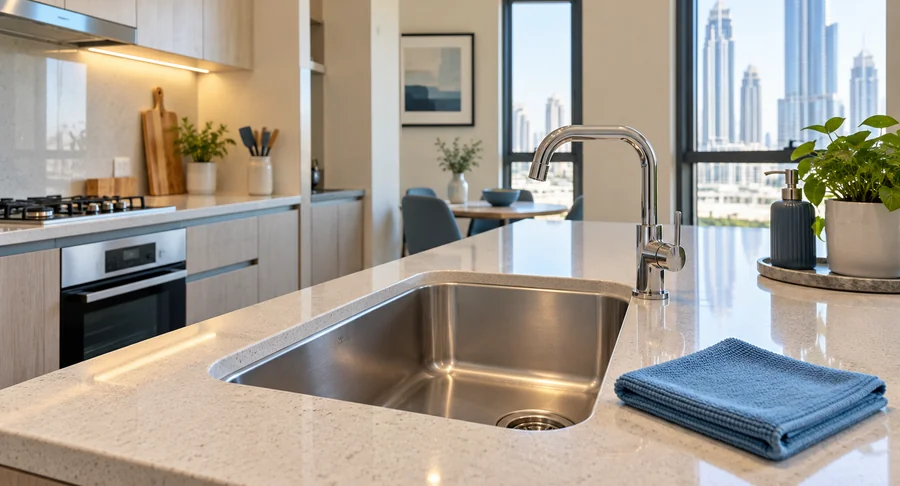 Polished kitchen counter and stainless steel sink after weekly maid cleaning service