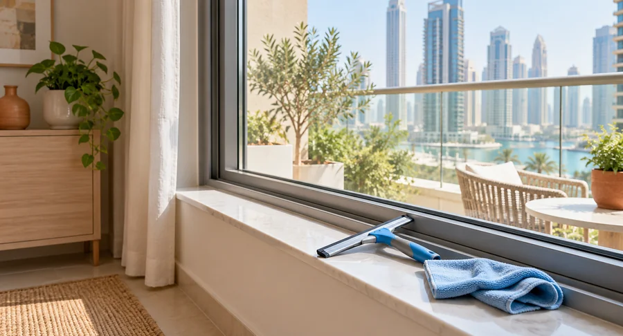 Window squeegee and microfiber cloth on sill during maid window cleaning service