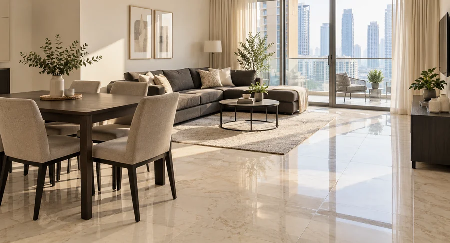 Polished glossy floor in modern apartment dining and living room after deep cleaning