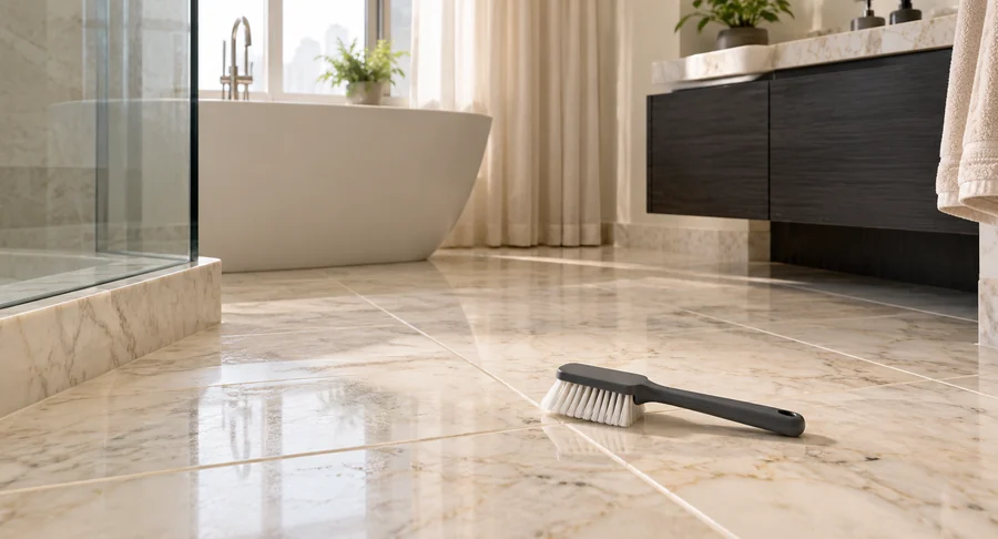 Cleaning brush on polished marble tile floor after floor and grout cleaning service
