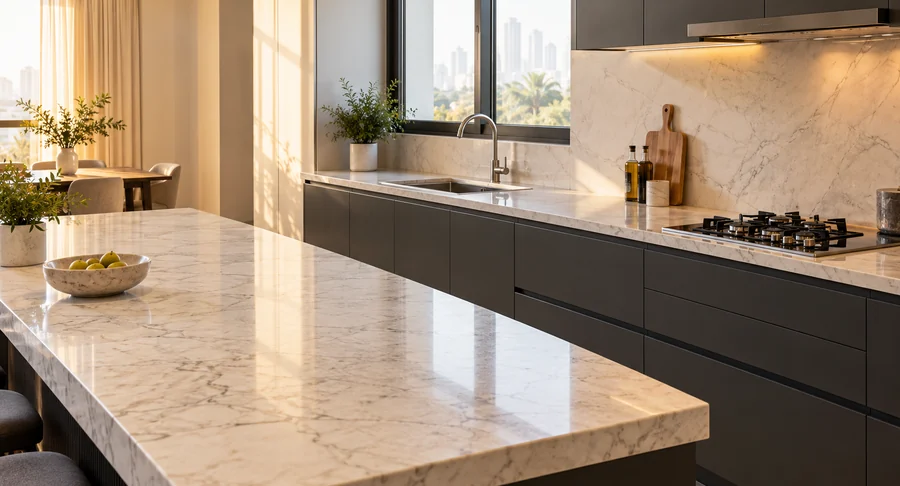 Polished marble countertop and island in modern kitchen after deep cleaning service