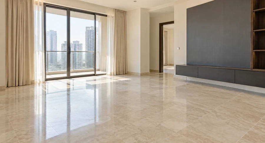 Polished glossy marble floor in empty modern apartment living room after move out cleaning