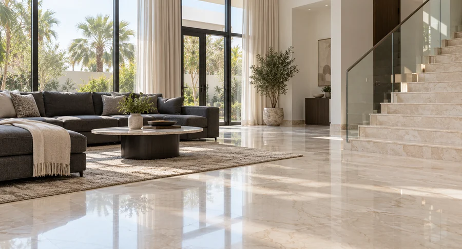 Shiny polished marble floor in luxury villa living room after villa deep cleaning