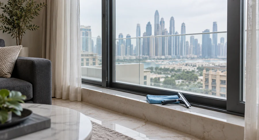 Window squeegee resting on polished marble sill with city skyline view after window cleaning