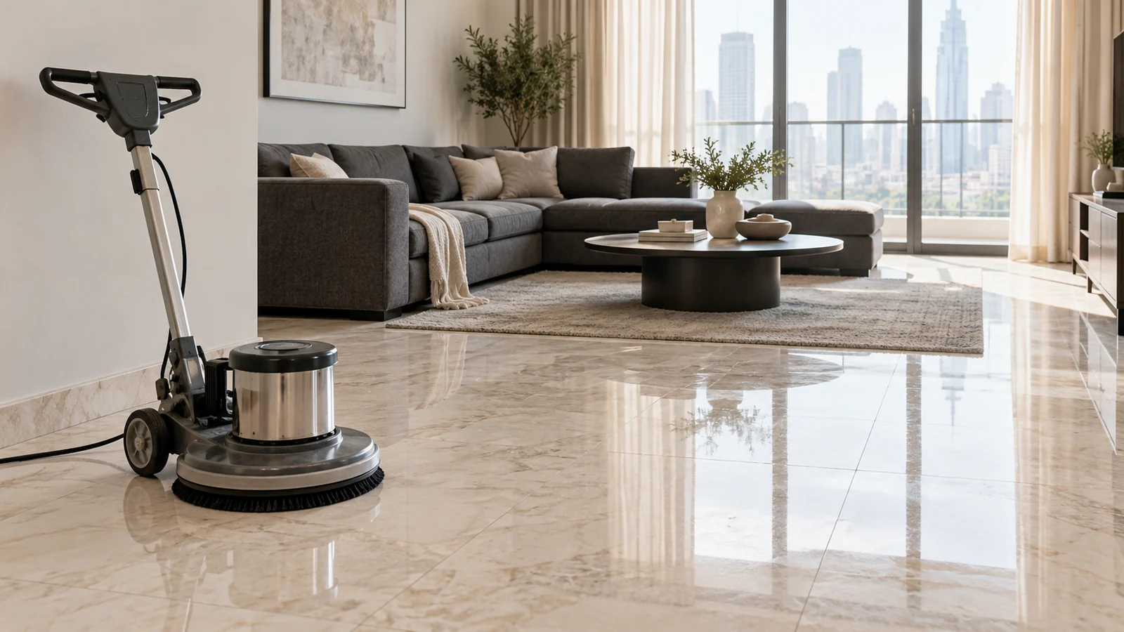 Floor polishing machine on shiny marble floor during professional marble polishing service