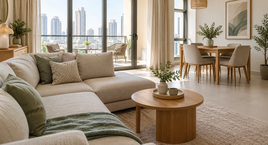 Modern apartment living area with clean sofa and dining space after apartment deep cleaning service