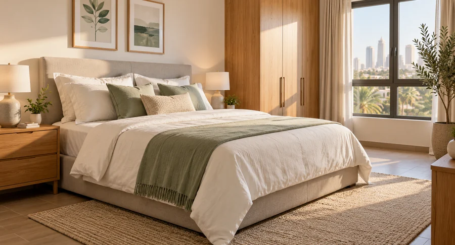 Bright modern bedroom with neatly made bed and city view after bedroom deep cleaning service