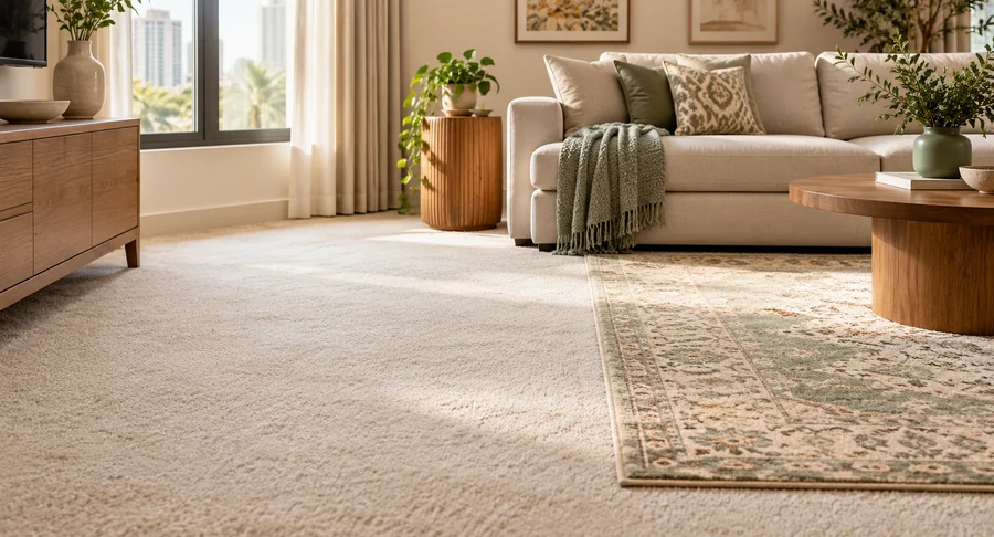 Sunlit living room carpet and patterned area rug after professional carpet cleaning service