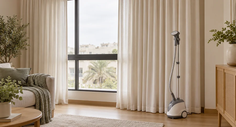 Professional upright garment steamer standing beside sheer window drapes during curtain cleaning service